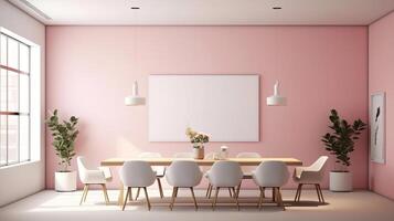 A mockup for a single frame tv white screen, Soft pink wall, office meeting room. photo