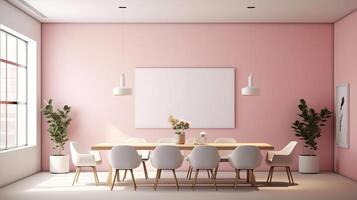 A mockup for a single frame tv  white screen, Soft pink wall, office meeting room. Generative Ai photo