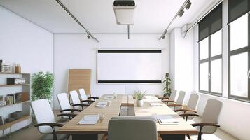 conference room or meeting room with a screen on the wall. photo