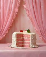 Fruit cream cake, pastel pink curtains in the background, romantic dessert layout photo