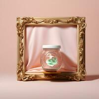 Small art figurine and a puff of green smoke in a jar, framed in a gold square frame, pastel pink satin drapery background. photo