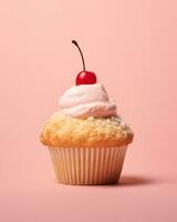 A perfect muffin with fluffy fruit cream and candied cherry on top, minimal aesthetic dessert layout photo