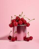 Can full of juicy cherries, creative fruit layout, pastel pink background photo