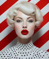 Girl with beautiful white hair styled in 1920s style, wearing polka dot blouse, red striped background, retro aesthetic photo