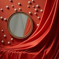 A mirror in a round frame on a red wall, richly pleated satin draperies, a make-up room or a boudoir photo