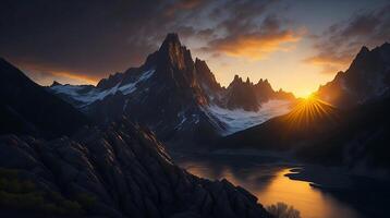 hermosa puesta de sol en el montañas. panorama de el Cáucaso montañas. ai generativo foto