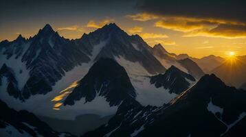 Beautiful Sunset in the mountains. Panorama of the Caucasus Mountains. AI Generative photo