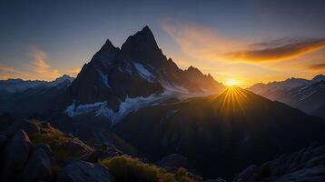 hermosa puesta de sol en el montañas. panorama de el montañas ai generativo foto