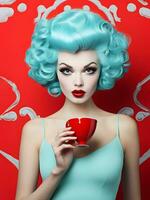 Beautiful woman with pastel blue hair and juicy red lips holds a cup of coffee, artistic portrait of a woman, eclectic style photo