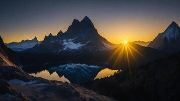 hermosa puesta de sol en el montañas. panorama de el Cáucaso montañas. ai generativo foto