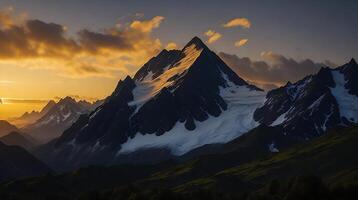 Beautiful Sunset in the mountains. Panorama of the Caucasus Mountains. AI Generative photo