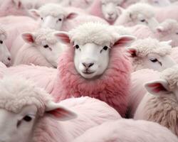 A herd of pastel pink sheep, one of them looking at the camera, creative concept of a faceless mass and a person standing out. photo