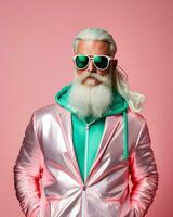 mayor Caballero con hermosa blanco pelo y barba vestido en un espumoso disco traje, urbano Papa Noel noel, Navidad fiesta idea foto