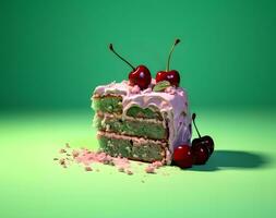 Fruit cake with spreads of pink cream between green layers of sponge cake, cherries on the side, emerald green background. photo