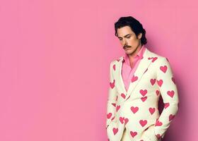 Handsome man wears suit with hearts and pink shirt, irresistible lover, seducer and womanizer, creative concept inspired by Valentine's Day. photo