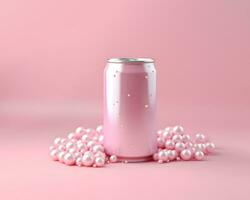 Candy pink drink can with beads like foam spilled from the can, summer sweet refreshment photo