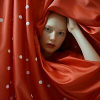 The face of a fair-skinned, freckled young girl is framed by a drapery of red satin with dots, creative aesthetic woman portrait photo