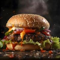 Hamburger with bacon and cheese on a black background with smoke photo