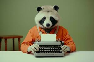Panda bear with typewriter. Portrait of crazy marketer. AI generative photo