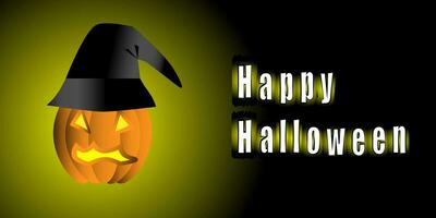 Happy Halloween Horror Night Green Gradient Background Glowing Pumpkin Witch Hat Lettering 3D Vector EPS10