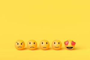 ball with face icon. concept of evaluation, feedback, customer satisfaction rating and service. Represents emotion of face on yellow background, review opinions recommendation. photo