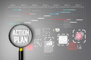 Planning, analysis and preparation of action plans. magnifying glass  searches for action plans with project flow charts and updates task progress by scheduling tasks to achieve them efficiently. photo