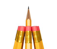 A Sharp pencil among pencil erasers. One sharpened pencil standing out from the blunt ones 3d illustration png