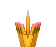 A Sharp pencil among pencil erasers. One sharpened pencil standing out from the blunt ones 3d illustration png