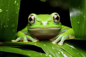 Frog on leaf. Close-up of an tree frog. AI generative photo