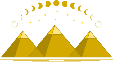 Tres Egipto antiguo pirámide de giza son egipcio faraón tumba traingle contorno con curva Luna diferente etapas o lunar fase y estrellas png
