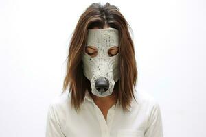 Fashion model with dog head mask in blue jacket and red skirt. AI generative photo