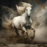 White horse running in the desert The galloping white horse AI generative photo