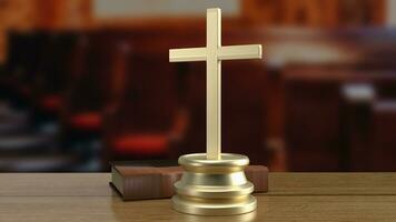 The cross on wood table for religion concept 3d rendering photo