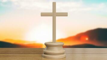 The cross on wood table for religion concept 3d rendering photo
