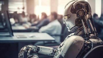 The boss robot in the office and people with photo