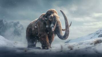A mammoth standing with snowy mountains in the background with AI Generated photo
