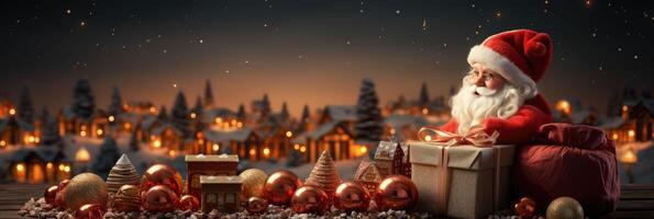 Papa Noel claus con regalo cajas en el noche Navidad fiesta con ai generado foto