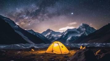 tent in the Everest mountains at night and the milky way landscape with AI Generated photo