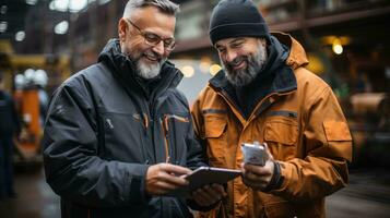 Header and worker are looking at a tablet photo