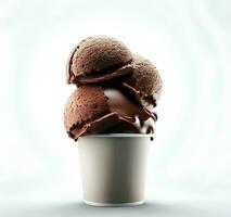 Chocolate ice cream scoops in a paper cup on white background with empty space around it AI Generated photo