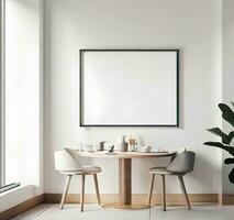 clean design breakfast nook with modern minimalist design, empty framed template of artwork, poster blank mockup AI Generated photo