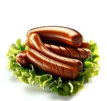 Grilled pork sausages with lettuce isolated on white background AI Generated photo