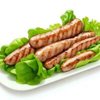 Grilled pork sausages with lettuce isolated on white background AI Generated photo