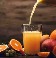 Orange juice being poured into a glass with fresh fruit on wooden background AI Generated photo