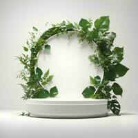 Product display podium with nature leaves on white background with empty space around it AI Generated photo