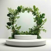 Product display podium with nature leaves on white background with empty space around it AI Generated photo