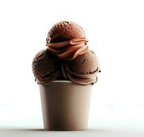 Chocolate ice cream scoops in a paper cup on white background with empty space around it AI Generated photo