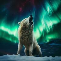 Illustration of a wolf howling at the aurora borealis AI generative photo