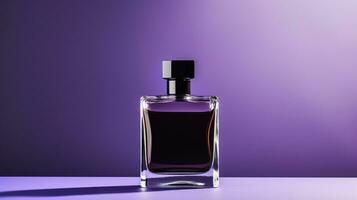 bottle of perfume on a purple background. Copy space. AI generative photo