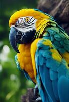 blue and yellow macaw ara. AI generative photo